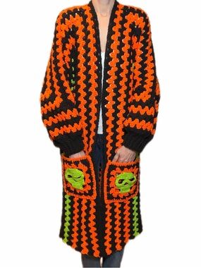 Skull pockets cardigan duster Handmade Crochet  Black Orange Neon Green
